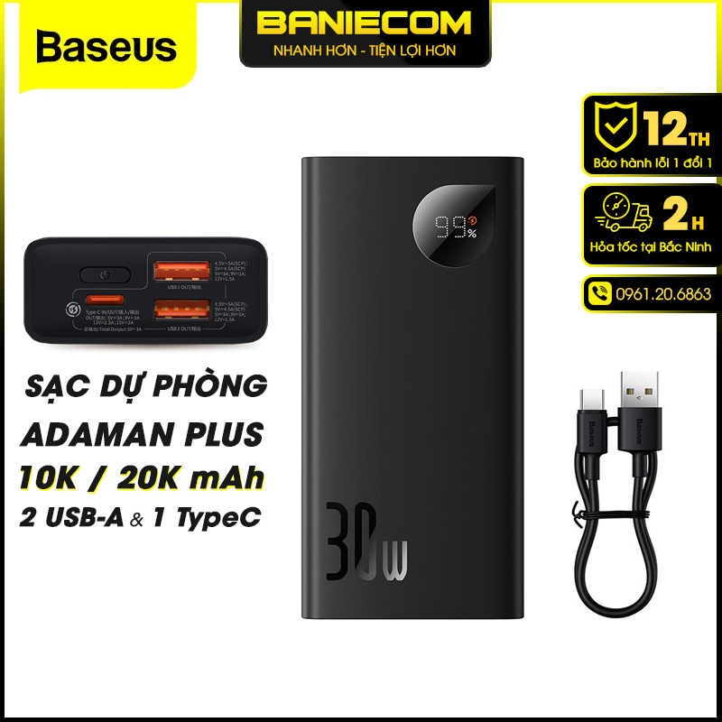 Sạc dự phòng nhanh 30w Baseus 20000mah và 10000mah adaman2 dùng cho i.phone sa.msung laptop - BANIECOM