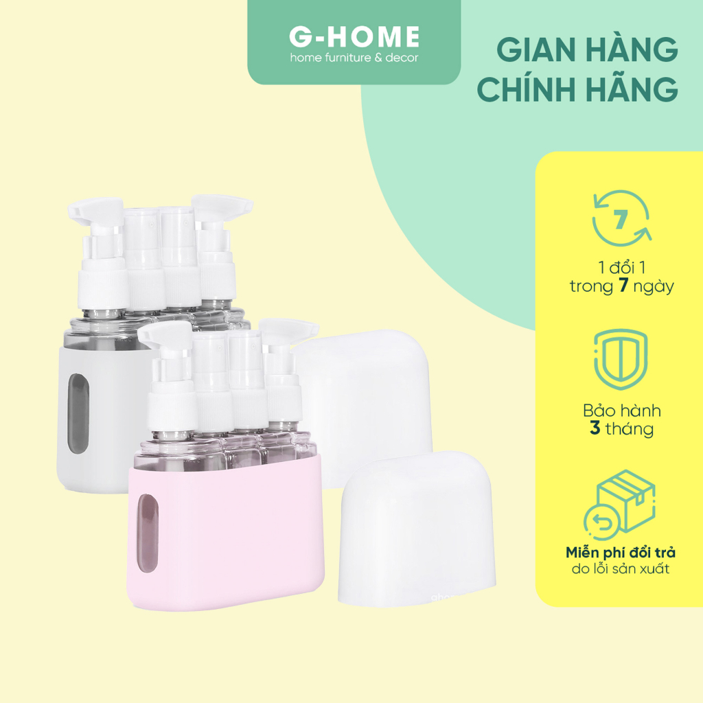 Set chiết mĩ phẩm du lịch 4in1 Ghome set 4 lọ trong suốt 50ml nhựa Pet kèm vòi nhấn có nắp tiện lợi DL23M4