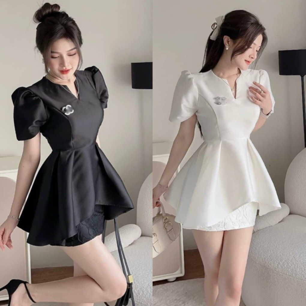 Sét bộ áo peplum tafta cổ V mix chân váy gấm GS0117