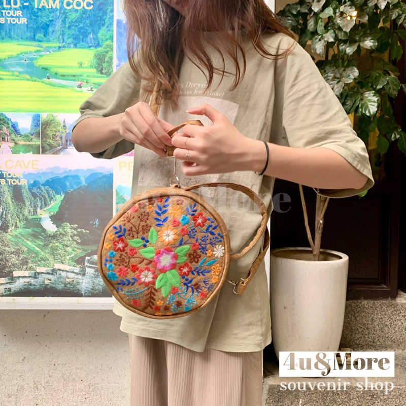 Túi vải xách tay đeo chéo hình tròn thêu thổ cẩm phong cách bohemian đi biển, dã ngoại