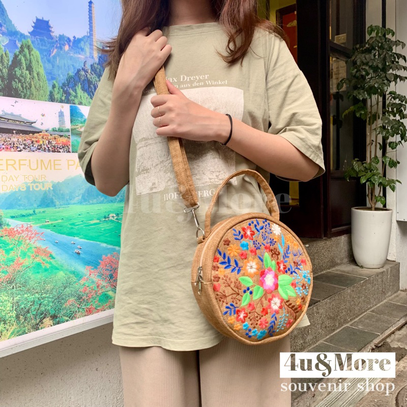 Túi vải xách tay đeo chéo hình tròn thêu thổ cẩm phong cách bohemian đi biển, dã ngoại
