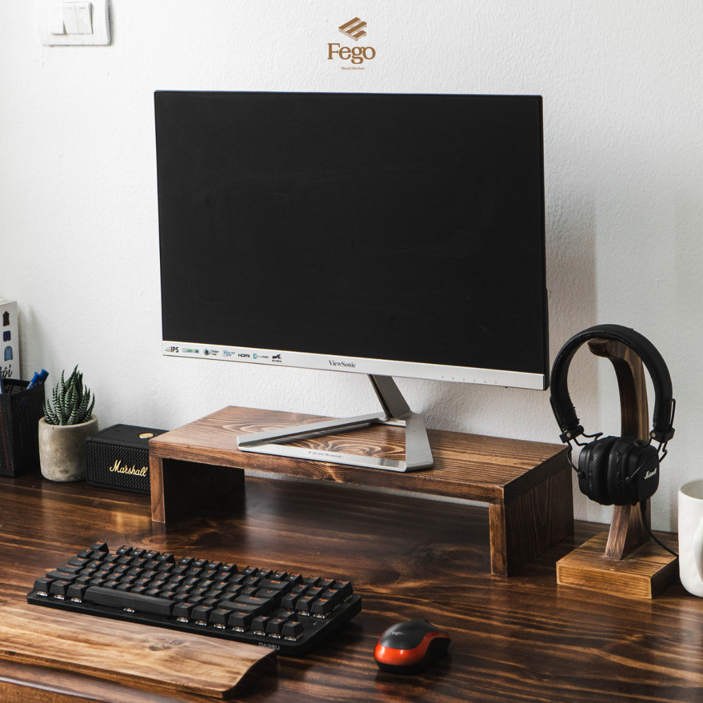 Kệ gỗ để màn hình máy tính FEGO màu nâu rustic dành cho bàn làm việc, văn phòng