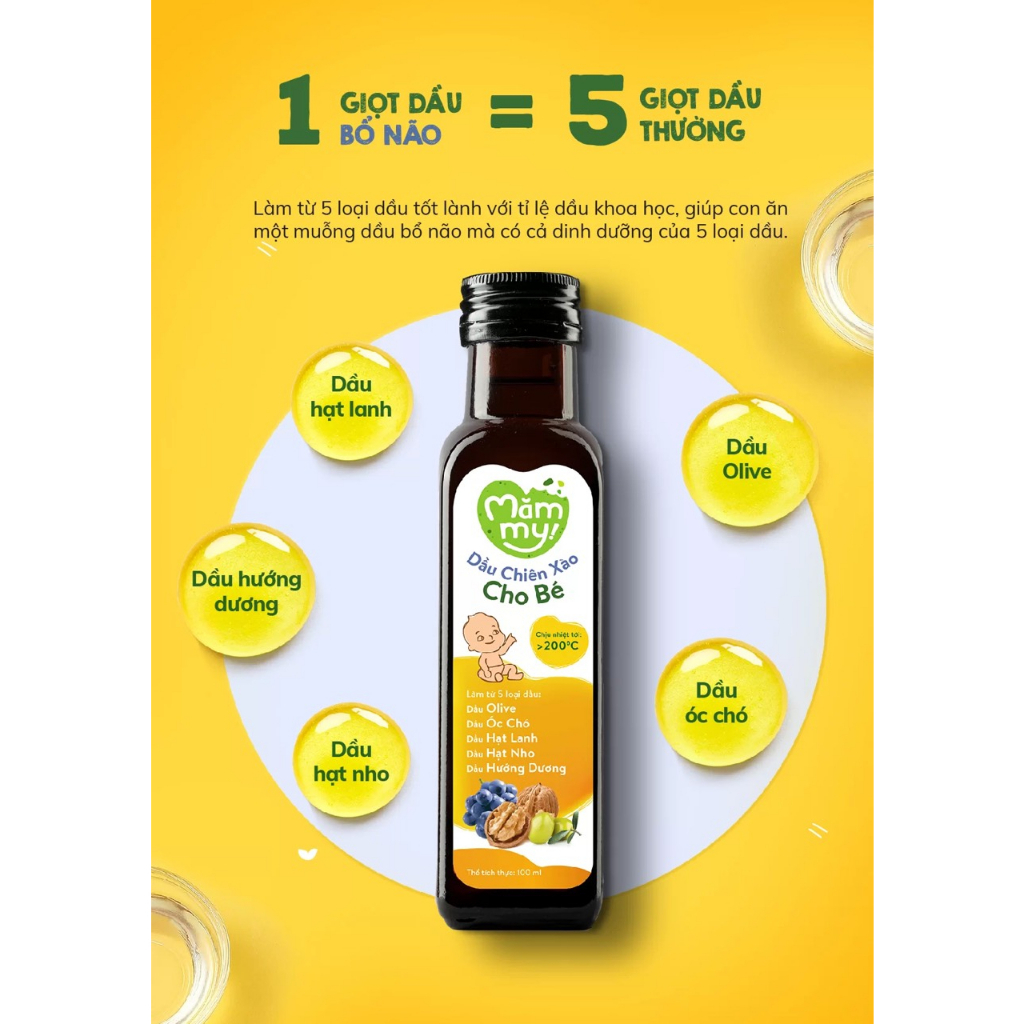 Dầu ăn dặm bổ não Mămmy chai 100ml, dầu cá hồi, dầu hạt lanh, dầu Olive bổ sung DHA, Omega-3 cho bé từ 6 tháng