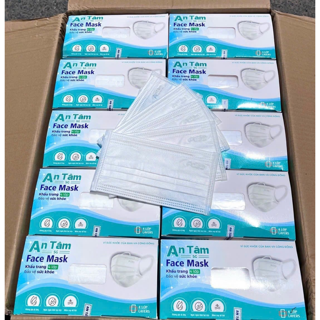 Khẩu trang y tế  4 lớp AN TÂM Mask hộp 50 cái kháng khuẩn , chống bụi mịn