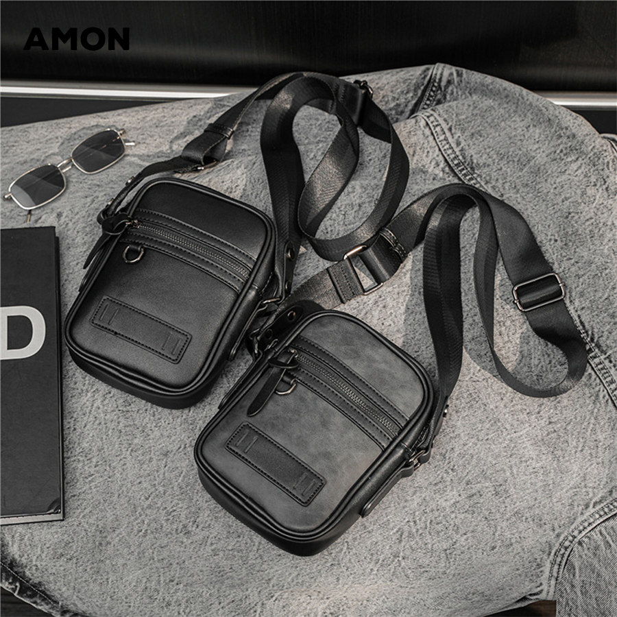Túi Đeo Chéo Nam Modmini- Túi Da Pu Nhỏ Gọn Trẻ Trung, Da Loại Xịn 2 Màu Đen Và Xám - Amon