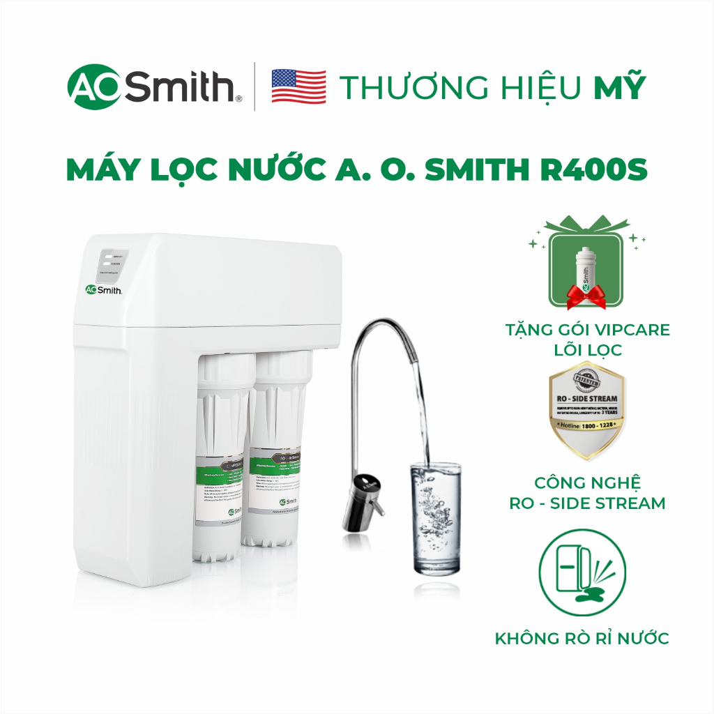 Máy lọc nước A. O. Smith R400S màn hình cảnh báo dạng 2 nút LED và gói VipCare