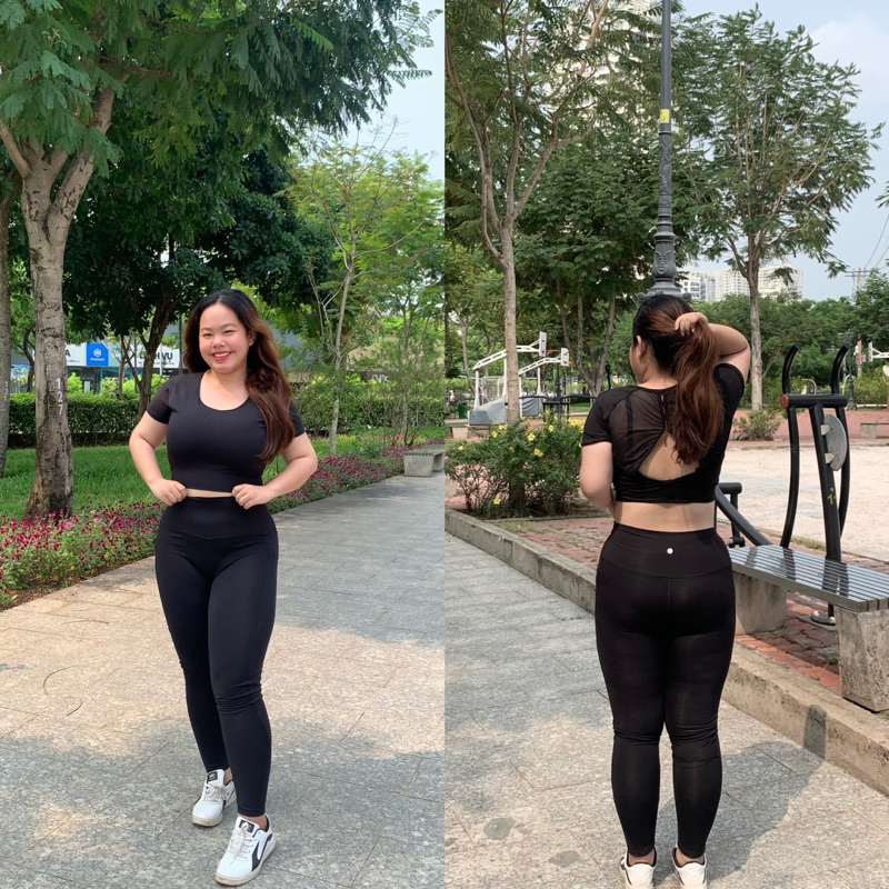 Set dài croptop phối lưới tập gym yoga bigsize chất thun poly co dãn hút mồ hôi kèm mút ngực màu xanh đen cam