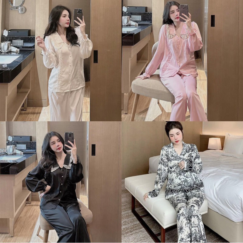 Bộ Pyjama Nữ Tay Dài Chất Lụa Xước Latin Đẹp Mắt Thoáng Mát Hàng Thiết Kế Siêu Xinh