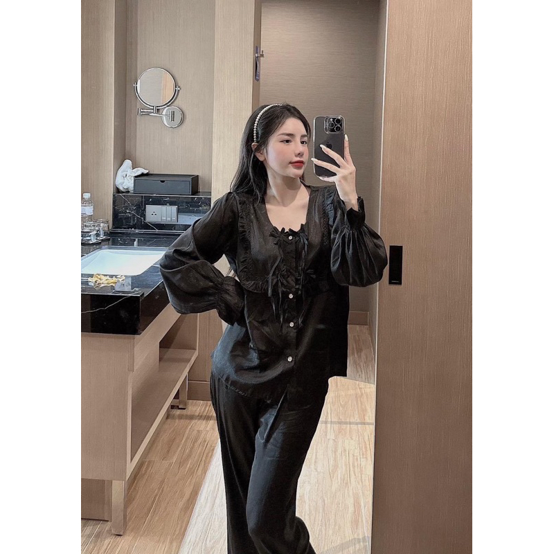 Bộ Pyjama Nữ Tay Dài Chất Lụa Xước Latin Đẹp Mắt Thoáng Mát Hàng Thiết Kế Siêu Xinh