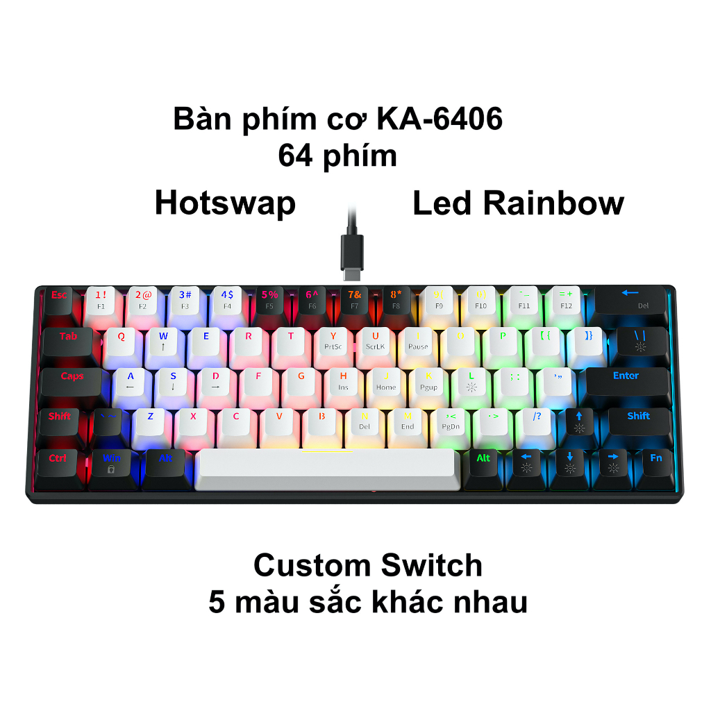 Bàn phím cơ gaming KA-6406 Led Rainbow có HotSwap 64 phím gọn nhẹ thích hợp chơi game, văn phòng, led 12 chế độ sáng