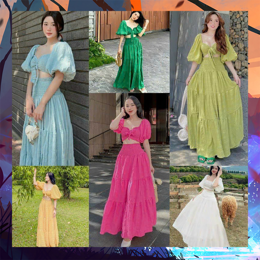 Set Áo Đi Biển Tay Phồng Kèm Chân Váy Đi Biển Váy Có Lót Áo Có Dây Kéo - Thời Trang Dressery Store