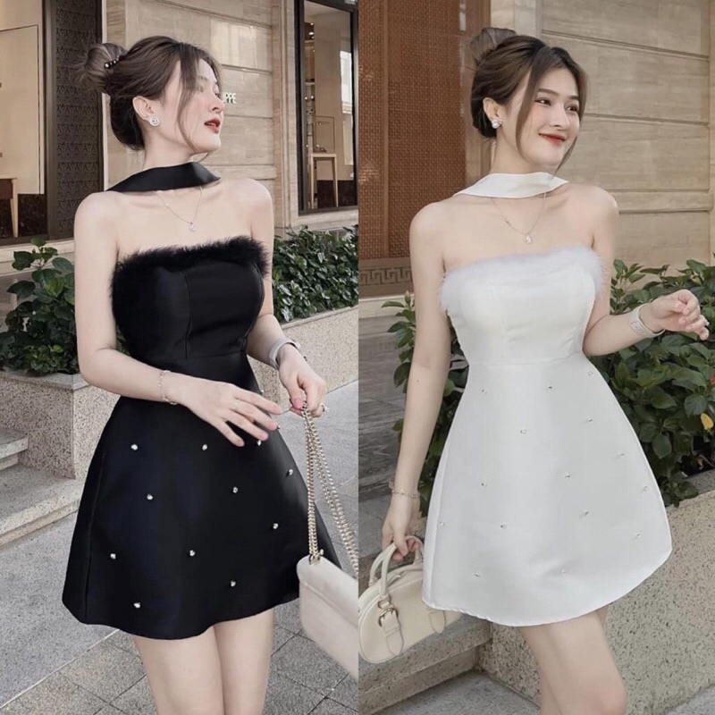 Đầm xoè phối lông đính đá siêu sang