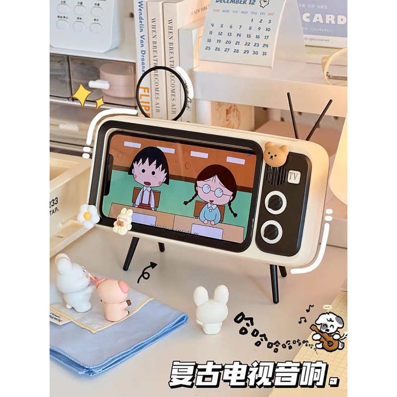 G0005_Giá đỡ điện thoại hình tivi kết hợp loa bluetooth không dây 2in1 phong cách vintage