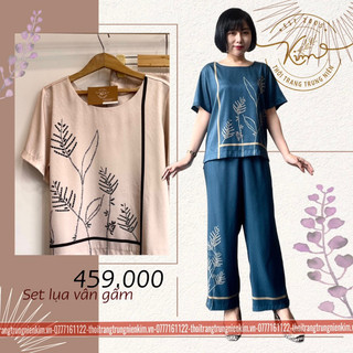Sét bộ lụa vân gấm trung niên cao cấp họa tiết đơn giản sang trọng Bigsize quần dài 90cm