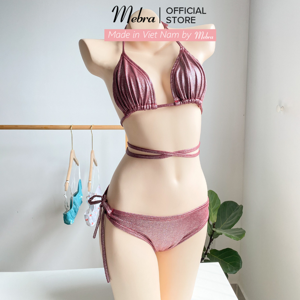 [ Bikini 2023 ] Set bikini đi biển đi bơi hai mảnh dây buộc ánh nhũ kim tuyến cực sexy có đệm mỏng Mebra B001