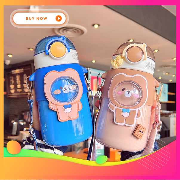 Bình giữ nhiệt gấu vũ trụ dễ thương chất liệu inox 304 an toàn cho trẻ em xách tay có dây cute Nano Tech 2077