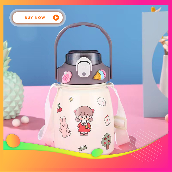 Bình nước giữ nhiệt nhiều màu- hình dán cute 800ml (có ống hút tiện lợi- kèm dây và sticker) Nano Tech 2077