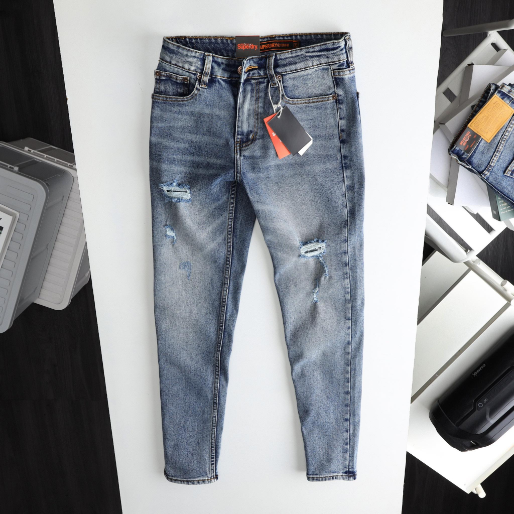 Quần jean nam rách gối co giãn hàng xuất khẩu cao cấp slim fit ôm nhẹ 2 màu VNXK