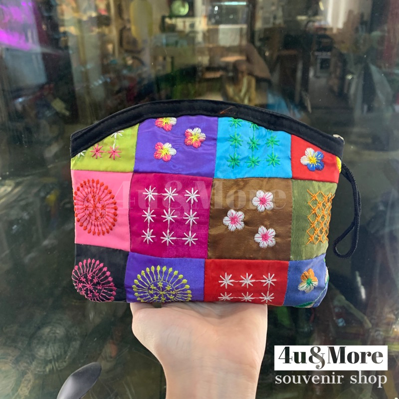 Túi ví vải xách tay thêu thổ cẩm hình khối phong cách bohemian