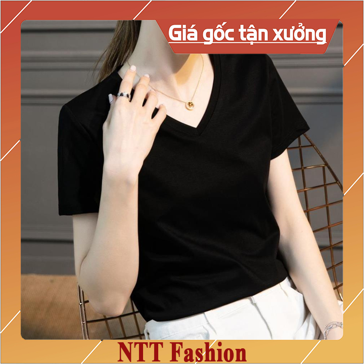 Áo thun nữ NTT trơn cổ tim ngắn tay dáng suông cotton basic đẹp trắng cao cấp, áo nữ cổ V cộc tay đen NTT205Đ