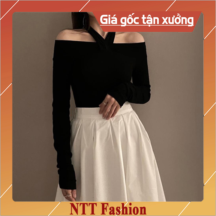 Áo thun nữ trễ vai tay dài chất thun cotton dẻo cao cấp co giãn 4 chiều cách điệu áo phông nữ đi làm đi chơi NTT105