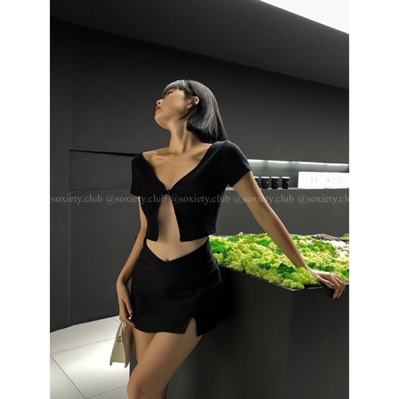 Áo khoác croptop thun gân tay ngắn 1 cúc siêu xinh