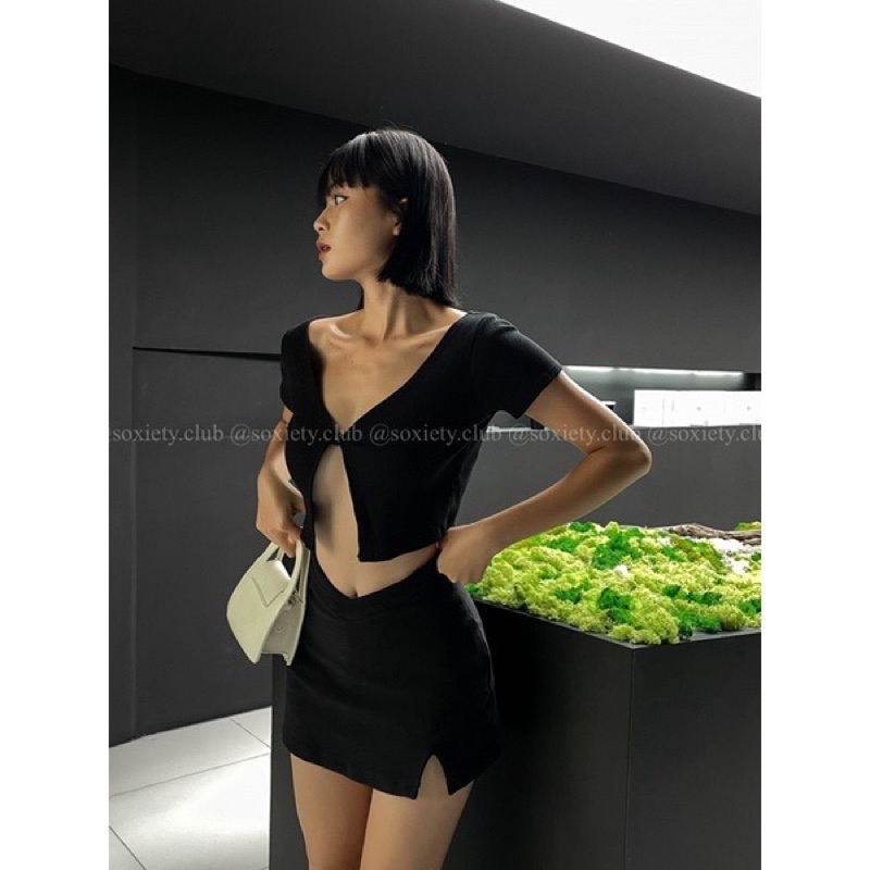 Áo khoác croptop thun gân tay ngắn 1 cúc siêu xinh