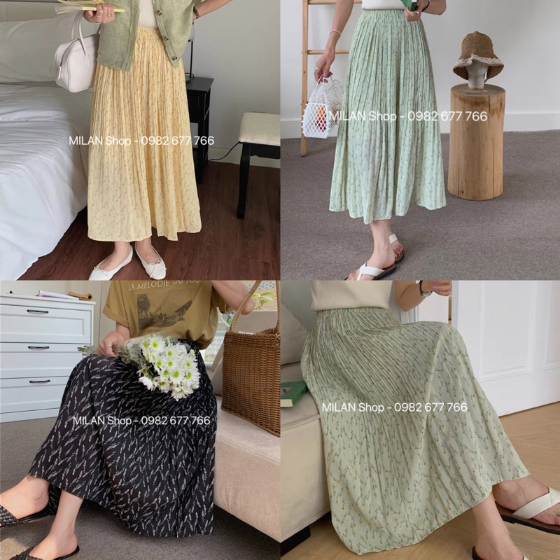 Chân váy voan hoa xếp ly nhiều màu xinh iu.