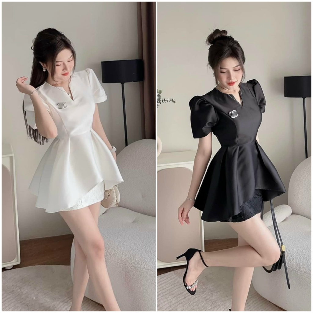 Set đầm váy nữ áo tay ngắn đính phụ kiện mix dáng áo xòe phối chân váy gấm ôm xinh xắn dành cho các nàng đi chơi, hẹn hò