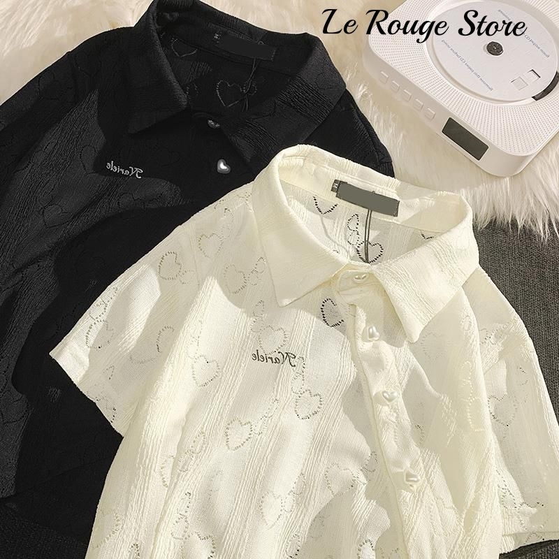 (ORDER) Áo polo sơ mi cài khuy lệch kiểu khuy trái tim đen trắng vạt chéo style Hàn Quốc