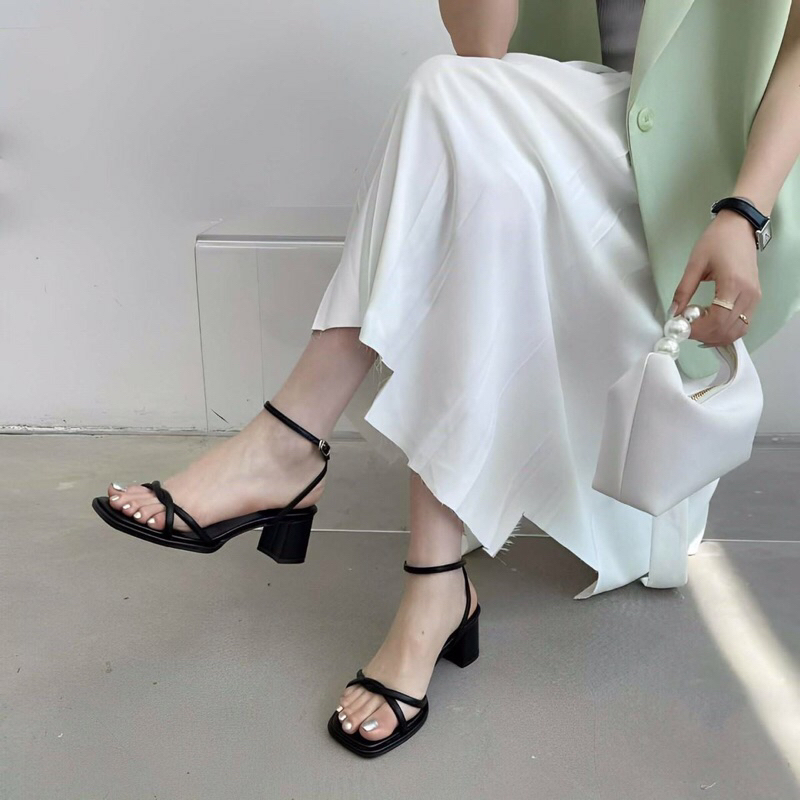 Sandal nữ gót vuông đế đúp chéo gót chéo quai mảnh trẻ trung 7cm