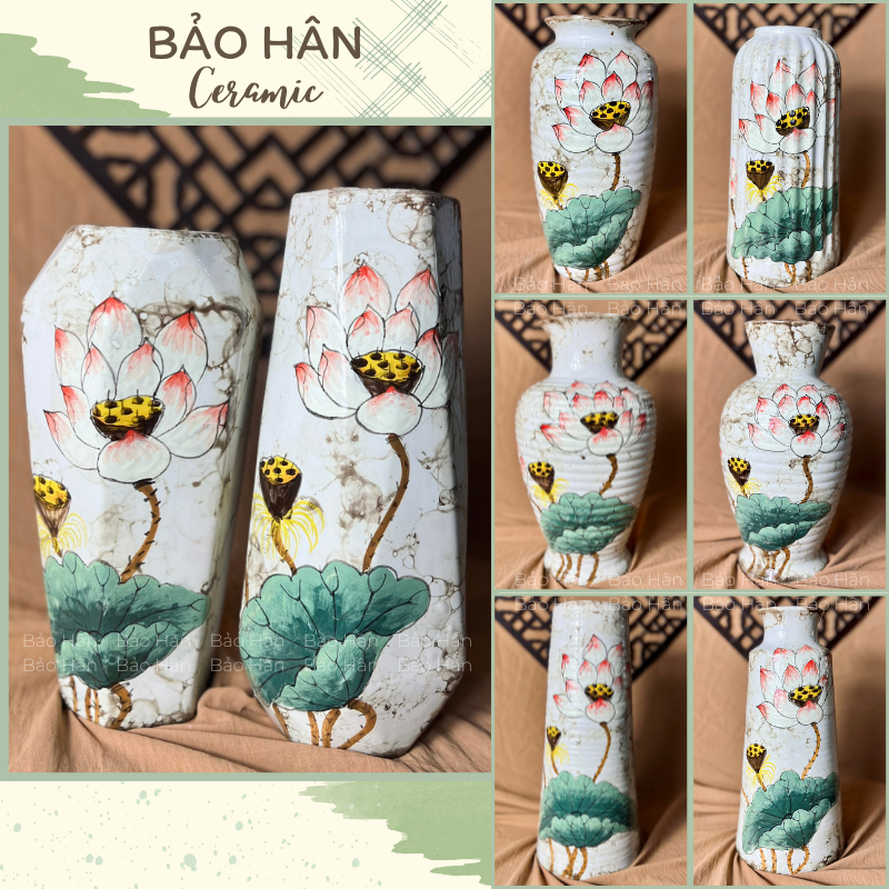 Bình Hoa Vẽ Tay Hoa Sen Men Vân Đá, Lọ Hoa Decor Trang Trí Nhiều Mẫu Bảo Hân, Gốm Sứ Bát Tràng
