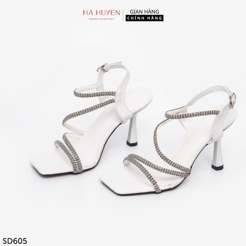 Sandal cao gót nữ Hà Huyền Shoes mũi vuông quai đá chéo kép gót nhọn 9 phân - SD605