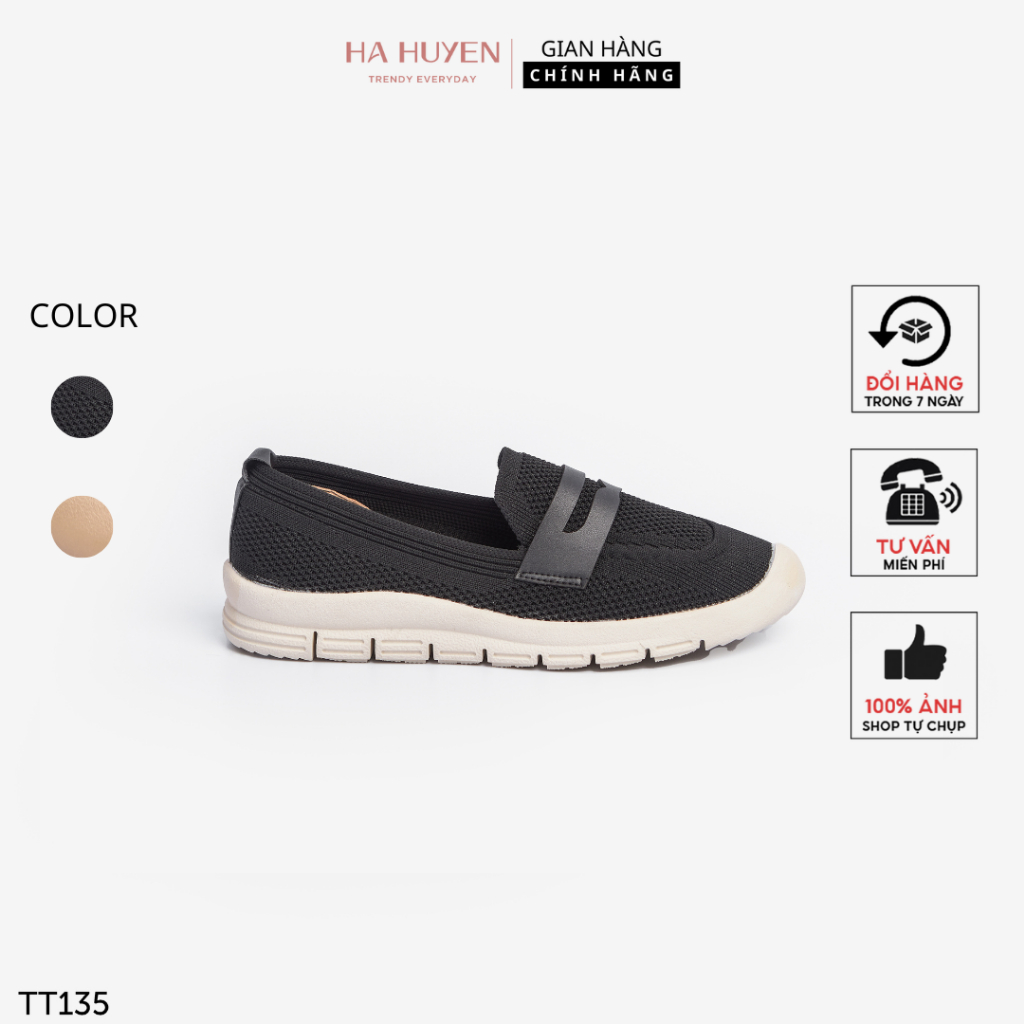 Giày slip on nữ Hà Huyền Shoes vải len lỗ phối đai da ngang dáng thể thao năng động - TT135