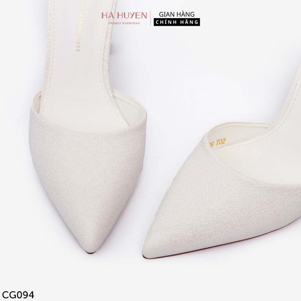 Giày cao gót nữ Hà Huyền Shoes vân nhũ quai cổ gót vuông kín gót màu trắng 9 phân - CG094