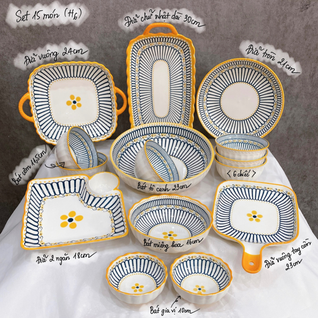 Bộ bát đĩa gốm sứ decor, Sét bát đĩa hoa văn thổ cẩm viền vàng