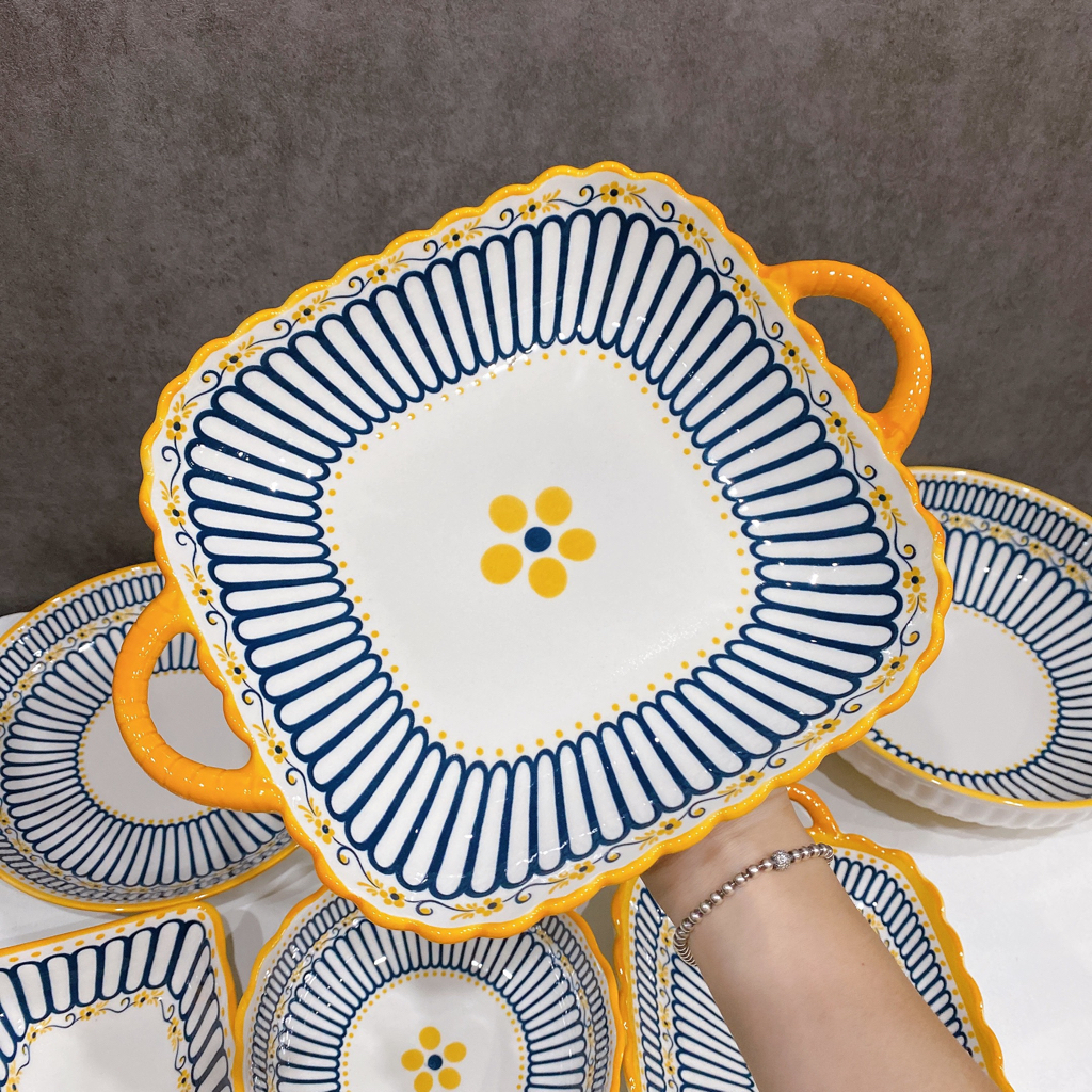Bộ bát đĩa gốm sứ decor, Sét bát đĩa hoa văn thổ cẩm viền vàng
