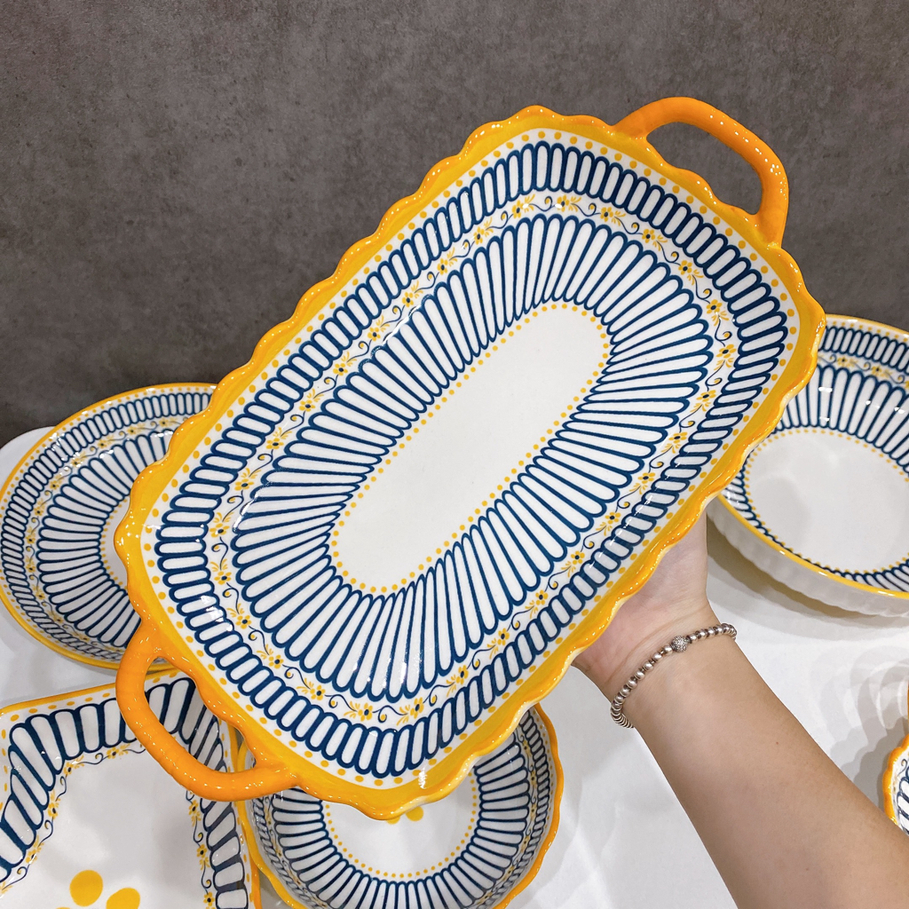 Bộ bát đĩa gốm sứ decor, Sét bát đĩa hoa văn thổ cẩm viền vàng