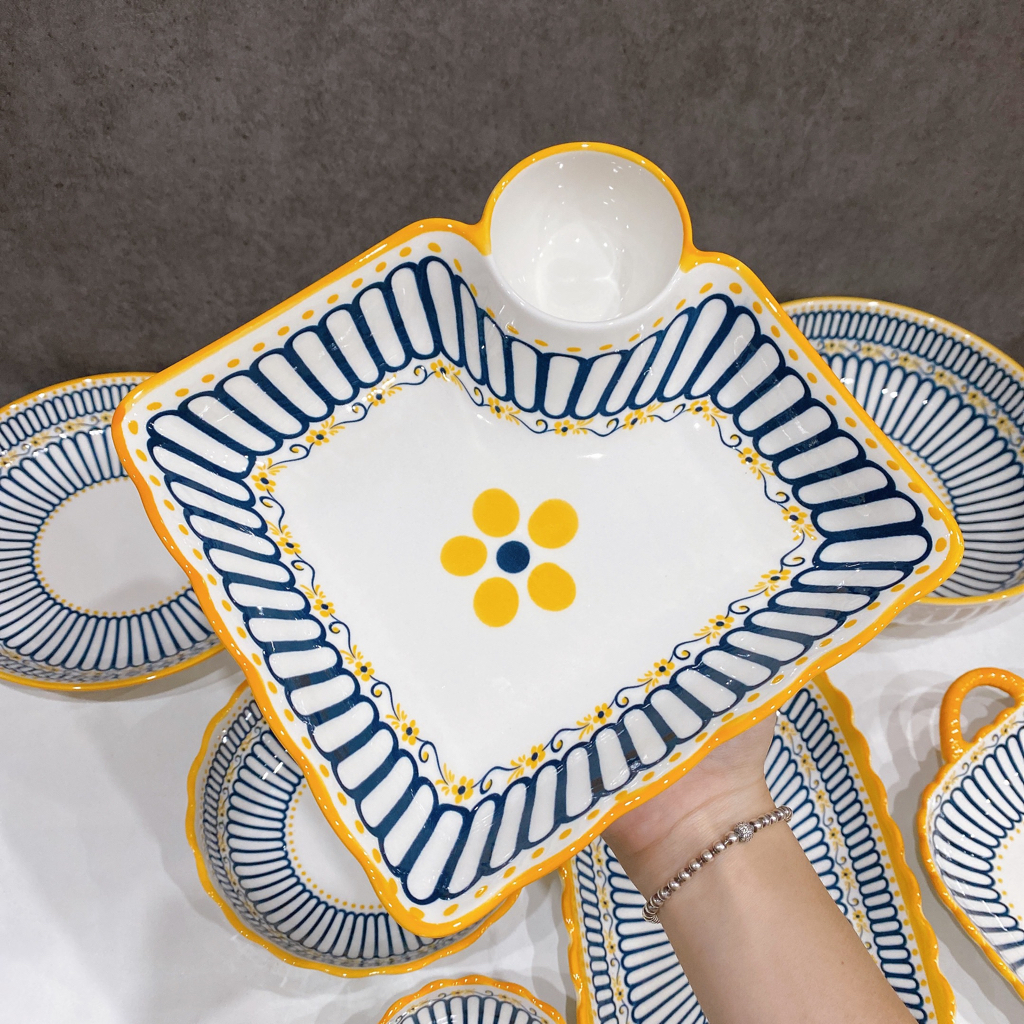 Bộ bát đĩa gốm sứ decor, Sét bát đĩa hoa văn thổ cẩm viền vàng