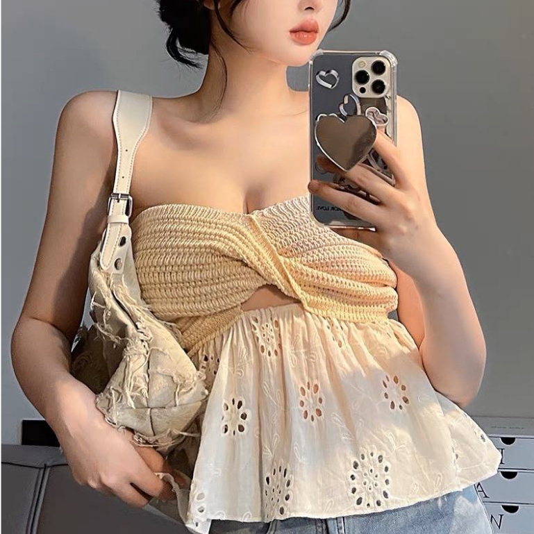 Áo ống dệt kim phối ren thêu hở vai quyến rũ thời trang hè