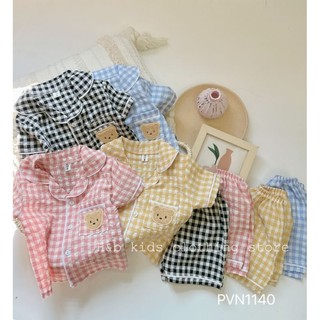 Bộ pijama dài tay họa tiết kẻ chất thô mềm cho bé trai bé gái