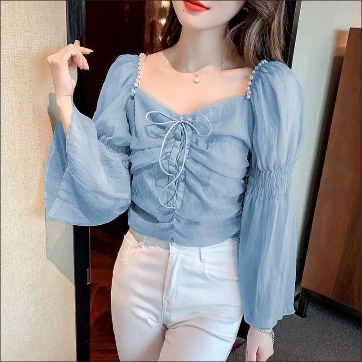 Trang phục nữ mùa hè áo sơ mi voan hở xương quai xanh vuông phong cách nhẹ nhàng lưới tay loe ngọt ngào thiết kế á