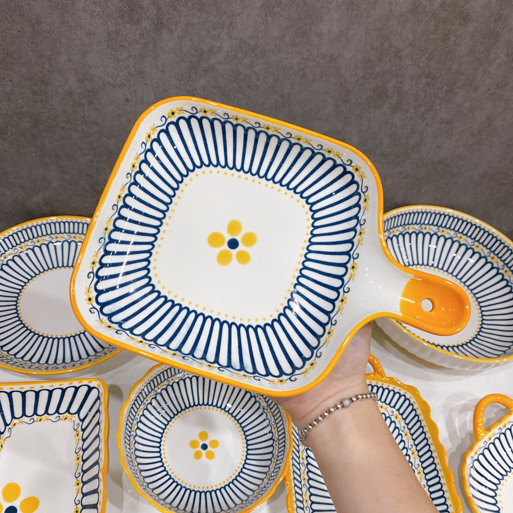 Bộ bát đĩa gốm sứ decor, Sét bát đĩa hoa văn thổ cẩm viền vàng