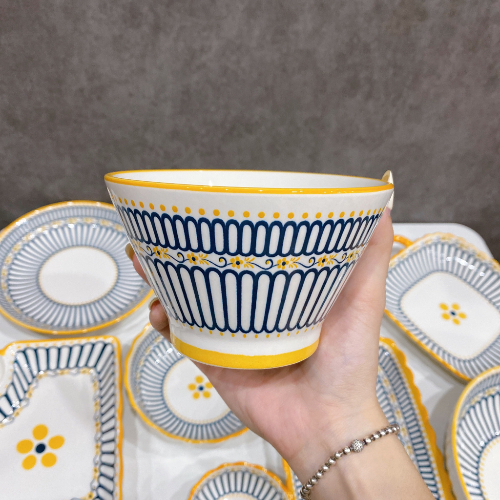 Bộ bát đĩa gốm sứ decor, Sét bát đĩa hoa văn thổ cẩm viền vàng