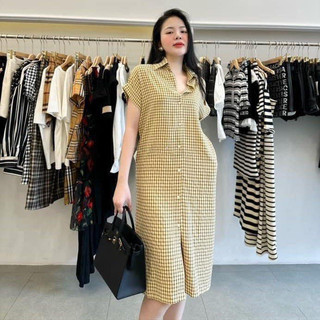 Đầm bầu thiết kế kẻ cổ sơ mi dáng dài công sở hàng thiết kế cao cấp
