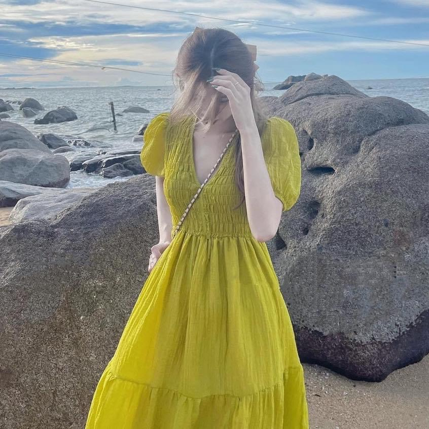 Đầm bầu mùa hè dáng xòe dum ngực xinh xắn chất đũi tơ siêu mát