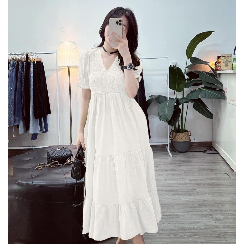 Đầm bầu mùa hè dáng xòe dum ngực xinh xắn chất đũi tơ siêu mát