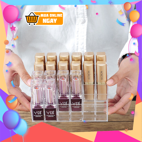 Khay kiểu hộp đựng son 24 ô chứa được mỹ phẩm, trang điểm chất liệu Mika trong suốt Happy Home 1977