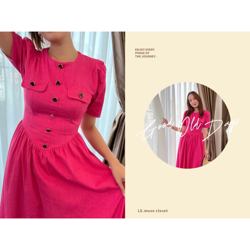 ĐẦM midi hồng cánh sen tay ngắn