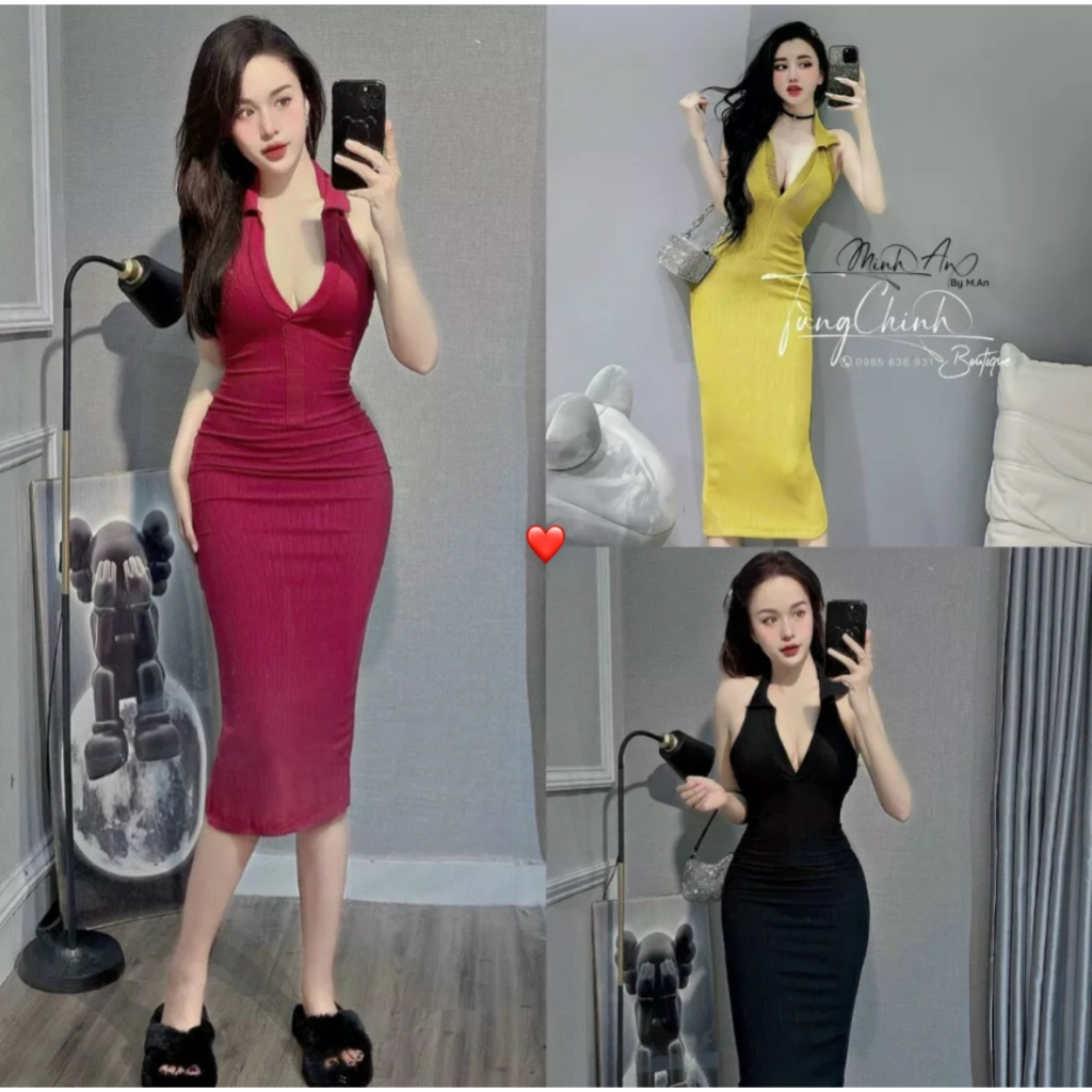Đầm cổ bẻ yếm chòng sat nách ôm body dáng dài trơn cực hot , chất thun gân mềm mát